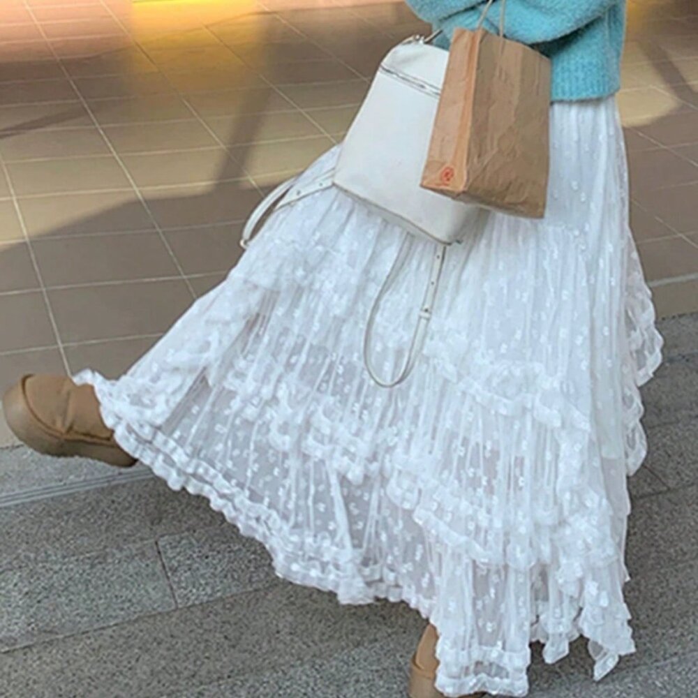 White Casual Women's High Waist Lace Flare Ruffle Skirt - Picture 4 of 4